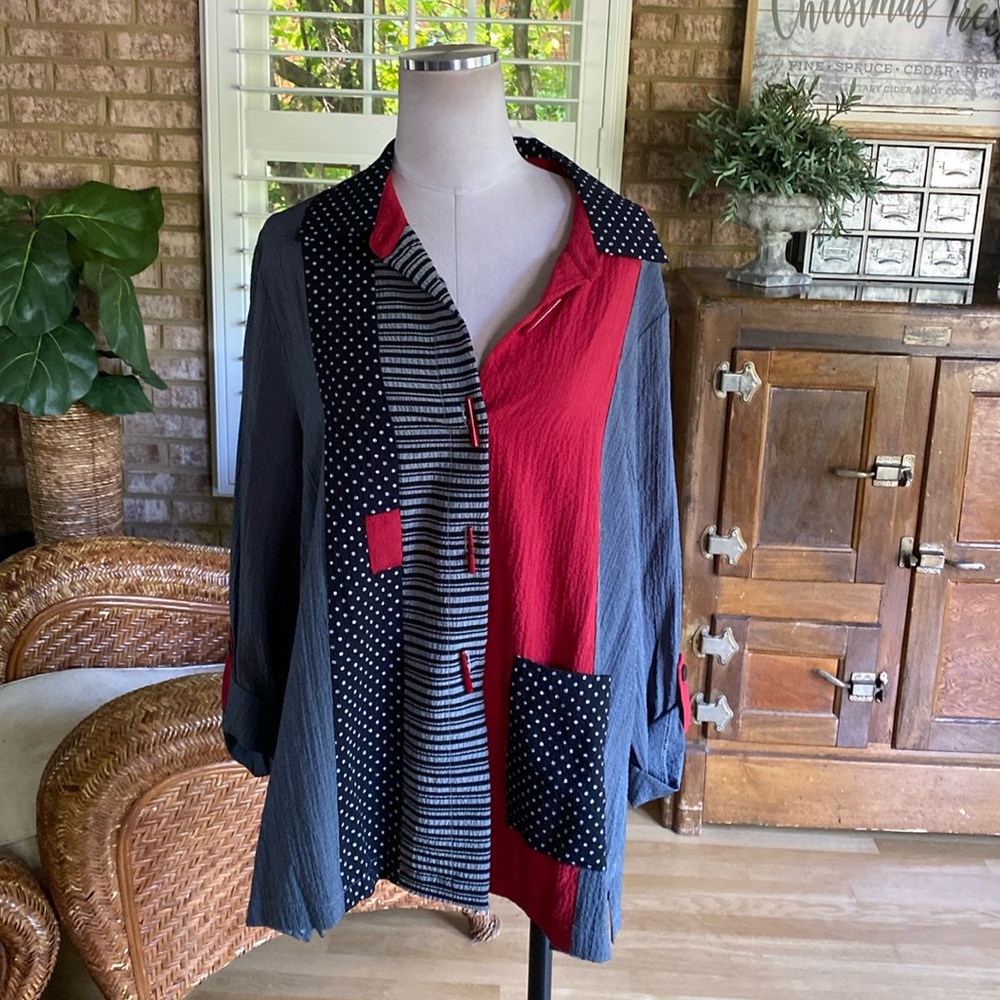 MOONLIGHT BY Y&S  MIXED MEDIA BUTTON FRONT SHIRT IN BLACK/WHITE/RED 2325 XL